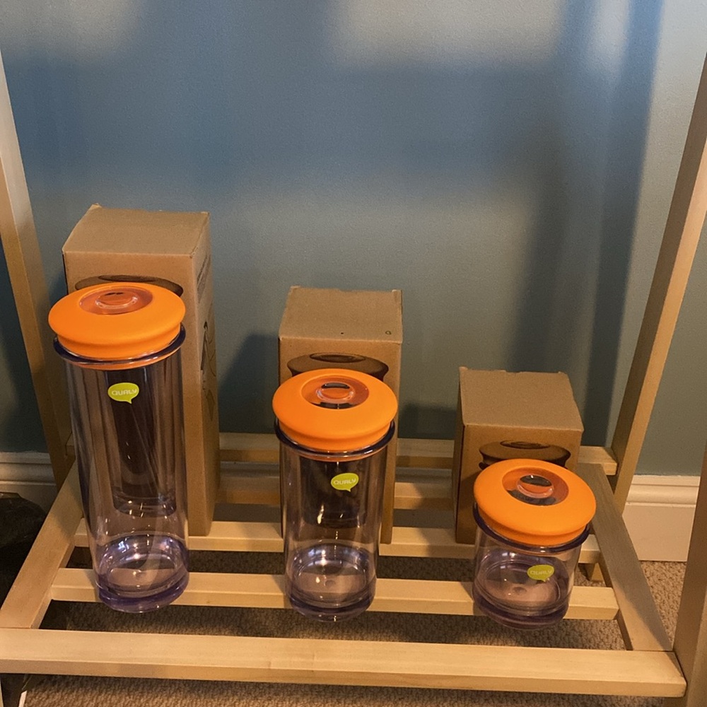 Qualy Design Orange Plastic Kitchen Pantry Storage Jars THREE NEW in box